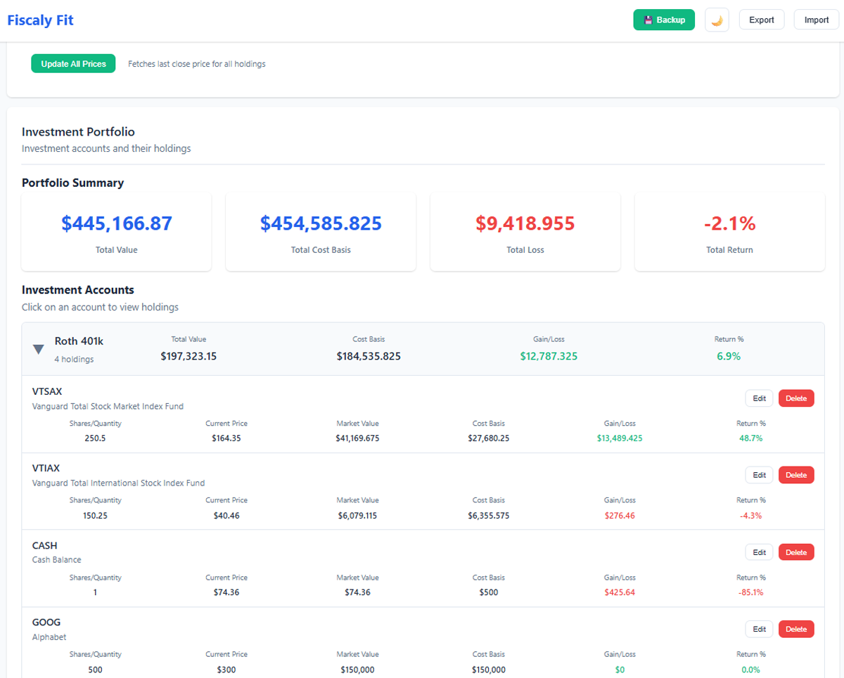 Fiscaly Fit Personal Finance Tracker Investment Tracking Screen